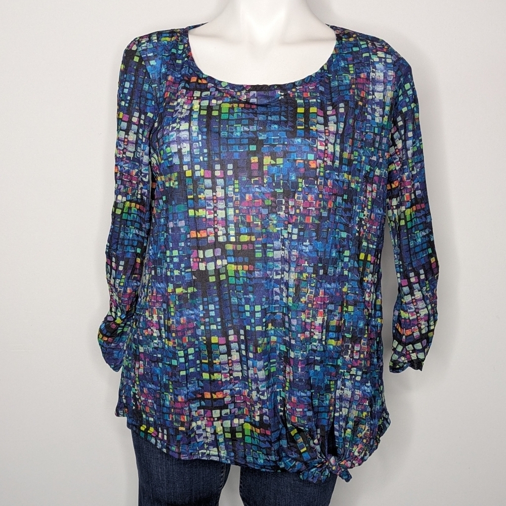 Sno Skins Blue Purple Abstract Geometric Mesh Tie Waist Top S